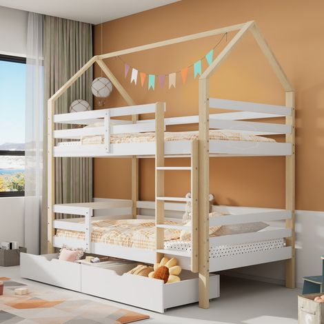Lit superposé cabane 2 lits 90x200 cm pin avec tiroirs - Design blanc/bois pour enfants - Vendu (sans matelas) (1/5)