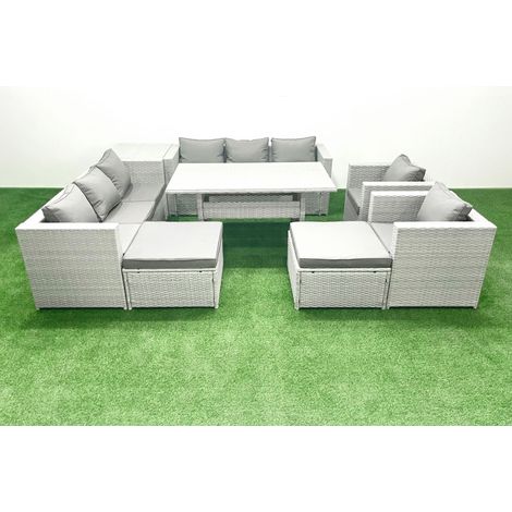 Fimous Rattan Gartenmöbel-Set Outdoor 8 Sitzer mit Esstisch 2 Sesseln Beistelltisch 2 Großer Hockern Hellgrau gemischt (1/5)