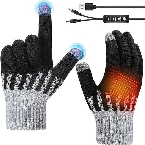 Guantes negros calefactables para hombre y mujer - USB - Guantes de punto cálidos con 3 ajustes de temperatura - Calentadores de manos para el frío invierno