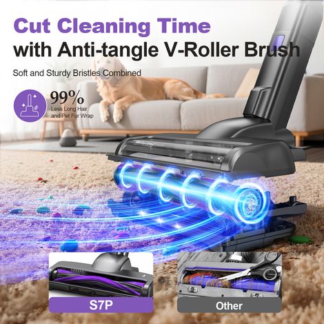 Aspirateur balai sans fil INSE S7P violet, écran LED, brosse rotative souple, puissant, rechargeable, idéal sols durs et tapis (1/5)