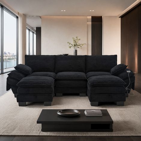 Divano a 3 posti 260x132x84 cm, con 2 pouf e porta USB-C, seduta ergonomica, corduroy nero (1/5)