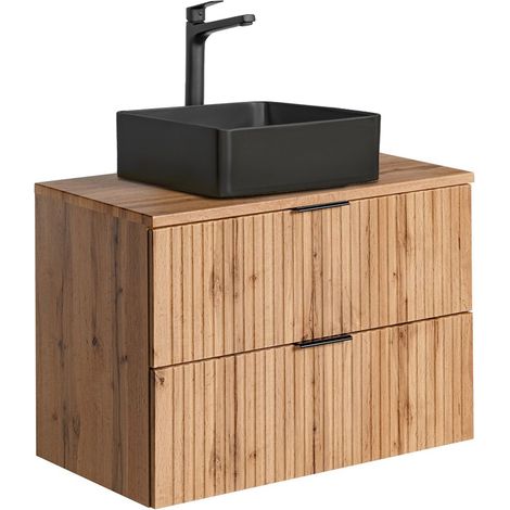 Waschtisch mit 80 cm Unterschrank Set Wotaneiche gerillt ADELAIDE-56 Keramik-Waschbecken schwarz, B/H/T 80,6/72,2/46,5 cm (1/5)