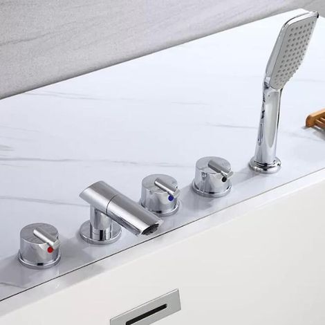 Badewannenarmatur mit 5 Löchern und Handbrause, Messing, Warm- und Kaltwasser, Doppelgriff – Chrom (1/5)