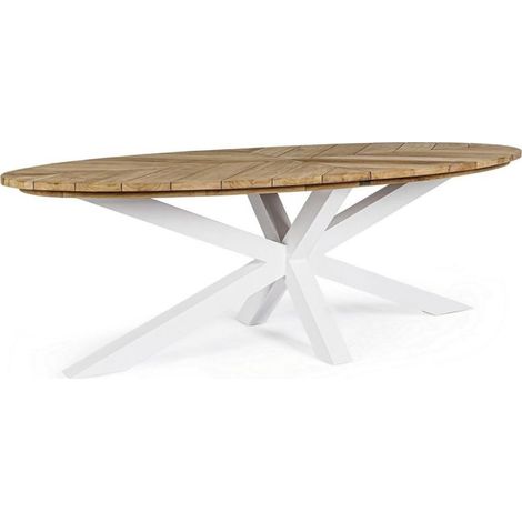 Tavolo ovale "Palmdale" con piano in legno teak, gambe in alluminio, per esterno -Bianco / 240 x 110 cm (1/5)