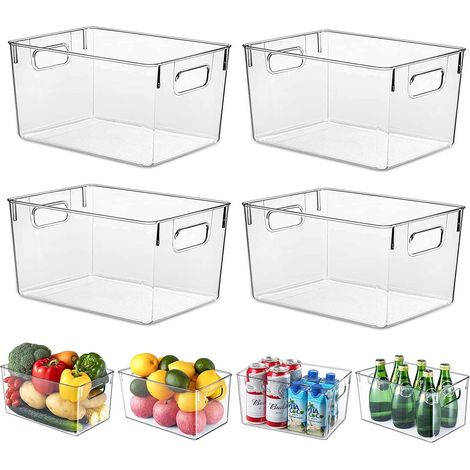 Lot de 4 boîtes de rangement de réfrigérateur avec poignées, robustes et transparentes   Organisation pour cuisines, réfrigérateur, armoires, salle de bain   Sans BPA 29 x 20 x 15,5 cm