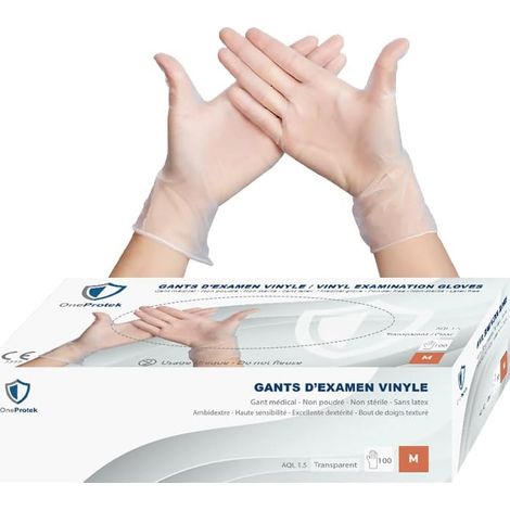 Gants jetables en Vinyle - Boîte de 100 gants jetables Taille M - non poudrés, sans latex - Multi-usages et résistants - Protection contre les produits chimiques (1/5)