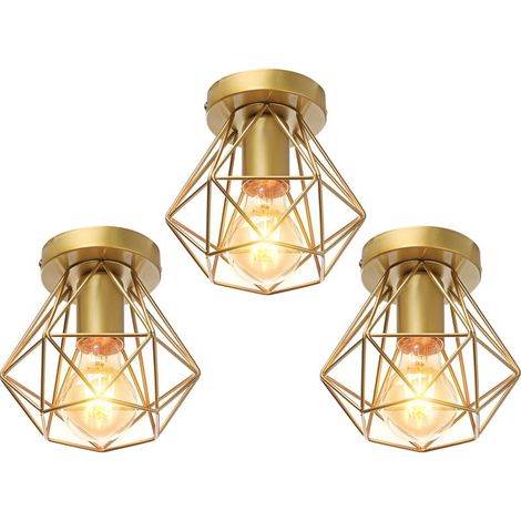 3 Pack Plafonnier Industriel Cage Métal Forme Diamant Lustre Suspension Luminaire Salon Couloir Doré (1/5)