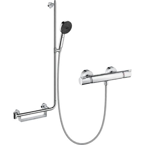 Grifo termostático mezclador HANSGROHE Ecostat Comfort + barra de apoyo izquierda Unica + cabezal de ducha Pulsify Select de 3 chorros + manguera flexible Metaflex