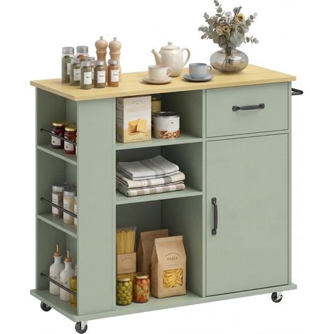 Meuble de cuisine avec tiroir, placard et étagère réglable, vert clair