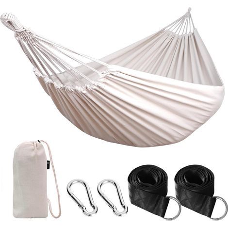 hamac en coton280 x 150 cm, capacité de charge jusqu'à 200 kg, portable avec sac de transport pour terrasse, jardin, cour, vert clair (1/5)