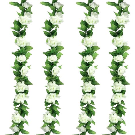 Guirnalda de flores artificiales (4 unidades), diseño decorativo con rosas y plantas artificiales, ideal para bodas, fiestas y jardines, color blanco, 9,8 m (1/5)