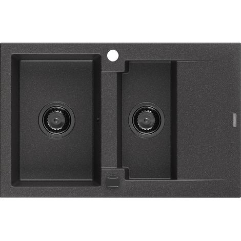 Mexen Gaspar évier en granit à 1,5 cuvette avec égouttoir 737 x 475 mm, Noir moucheté, siphon Noir - 6507731505-76-B (1/5)