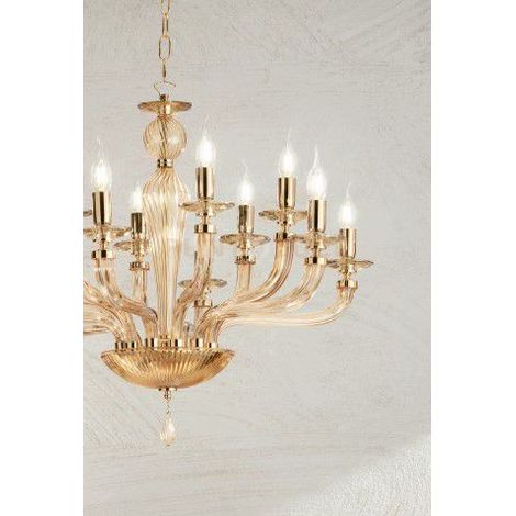 LAMPADARIO VILLA VETRO E METALLO 8 LUCI ORO E AMBRA ATTACCO E14 D.82CM