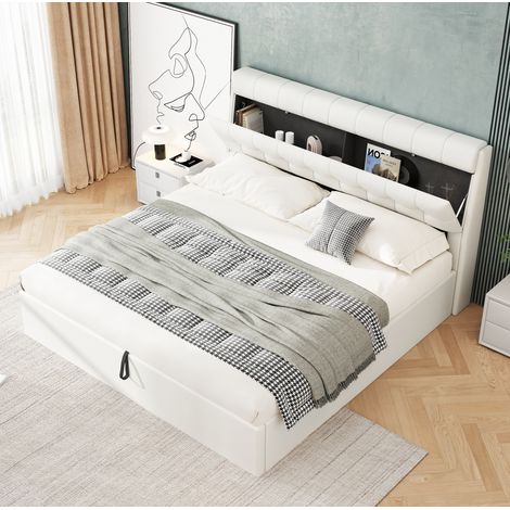 Letto Contenitore 160x200 cm con Struttura Rialzabile Idraulica in PU Bianco (1/5)