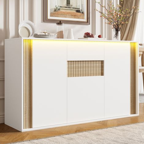 Aparador 140x40x82 cm con 3 puertas, 1 cajón y LED regulable, tablero de partículas y acabado natural - blanco (1/5)