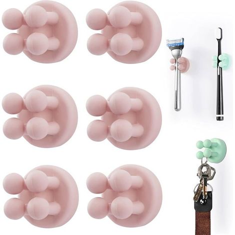 Set of 6 silicone toothbrush holders with multi-function hook, self-adhesive for wall mounting, in pink. (1/5)