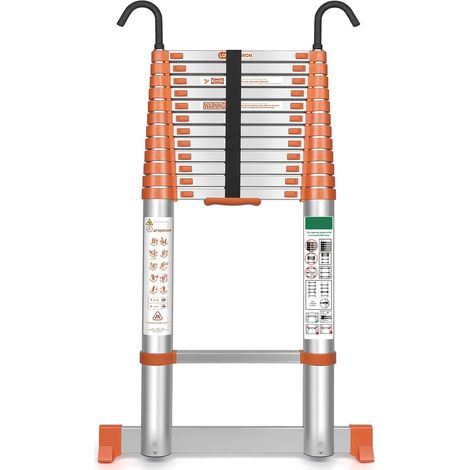 Échelle Télescopique Pliante en Aluminium 5,1m Orange Echelle Rétractableen Extensible avec Crochet Amovible, Robuste, Intérieur et Extérieur (1/5)