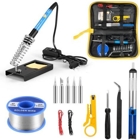 Kit de soldador de 60 W y 220 V con temperatura ajustable, 5 puntas de soldadura, bomba desoldadora, soporte y alambre de soldadura [Clase energética A+++] (1/4)
