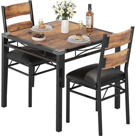 Ensemble Table à Manger 3 Pièces pour 2 Personnes - Table de Cuisine et 2 Chaises Rembourrées - Style Industriel - Marron (1/5)