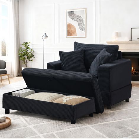 Chaise longue mit Fußhocker und Stauraum, 3 Kissen, schwarzer Cord HAVRYA (1/5)