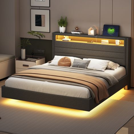 Polsterbett Stoff Grau 160x200 cm mit LED-Beleuchtung, USB-Steckdose und Lattenrost