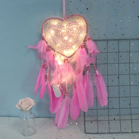 Attrape-rêves fantaisie avec bande lumineuse LED, cerceau ajouré en forme de cœur, rose 1