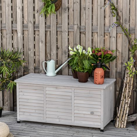 Gartenbox, wetterbeständig, luftdurchlässig, Kissenbox, Aufbewahrungsbox, Fichtenholz, grau, 127 x 56 x 60 cm