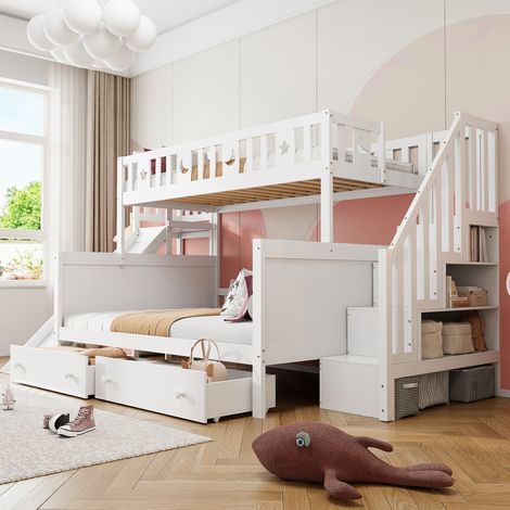 Lit superposé enfant en bois massif blanc 90x200/140x200 cm avec toboggan, échelle de rangement, 2 tiroirs et sommier (1/5)