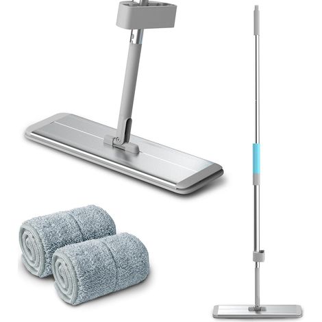 Balai plat en aluminium de 400 mm et 2 serpillères réutilisables en microfibre mains libres avec poignée en alliage d'aluminium de 134 cm (1/5)
