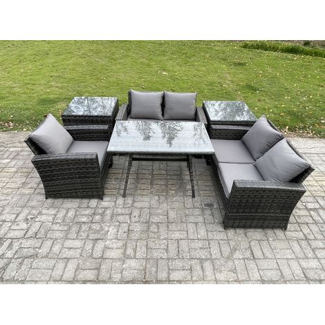Fimous Wicker PE Rattan Garden Dining Set Outdoor Furniture Sofa with Rectangular Dining Table Love Seat Sofa 2 Side Tables Dark Grey Mixed (1/5)