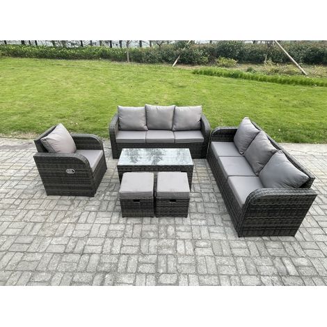 Fimous Ensembles de meubles de jardin 9 places Ensemble de canapés en rotin avec Table basse rectangulaire Chaise inclinable 2 Petits tabourets (1/5)