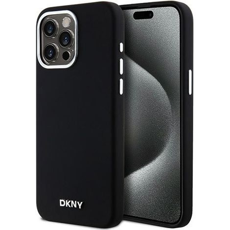 Custodia Dkny in silicone liquido con piccolo logo in metallo MagSafe per iPhone 15 Pro Max (nera) (1/5)