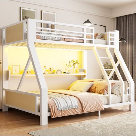 MODFU – Letto a castello 90x200 e 140x200 cm in metallo/legno con LED, mensola, 23 doghe e carico 120 kg – Bianco (1/5)