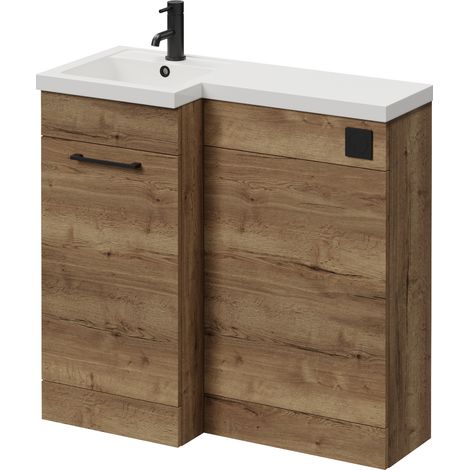 Napoli 390 Tobacco Oak 900mm Single Door Vanity Unit Toilet Suite with Left Hand Square Lucia Basin - 900mm - Matt Black 160mm HandleWithout Kingston Toilet Pan