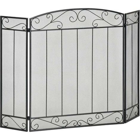 Grille de protection pour cheminée, pare-flammes large pour cheminée et poêle, pare-étincelles pliable 3 volets, acier métallique noir (1/5)