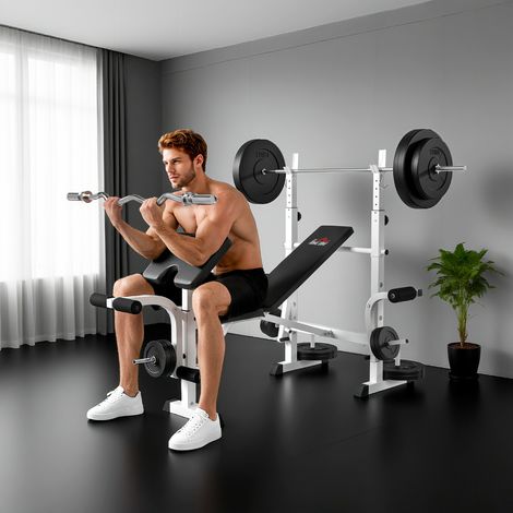 Banco de pesas con soporte para barra, prensa de pecho, prensa de piernas, reposabrazos para curl de bíceps, acero, negro y blanco. (1/5)