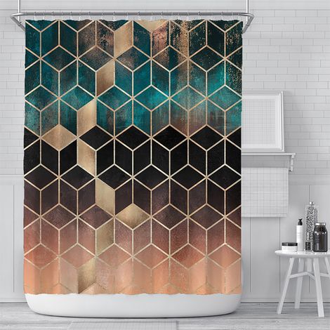 Rideau de douche à motifs géométriques, 180 x 200 cm, anti-moisissure, imperméable, en textile lavable. Tissu polyester avec 12 anneaux. Rose. (1/5)