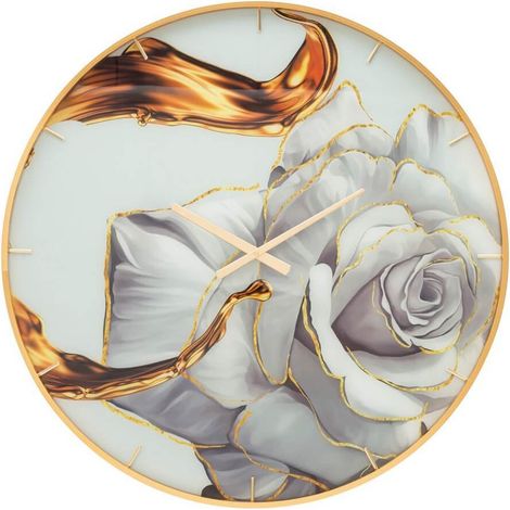 Orologio da parete Glam Rose Ø 80 cm in vetro, MDF e metallo con cornice dorata e quadrante floreale - Design decorativo rotondo (1/5)