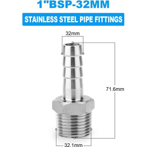 5 pièces raccords embout cannelé acier inox 304, embout 32 mm vers filetage mâle BSP 1" (1/4)