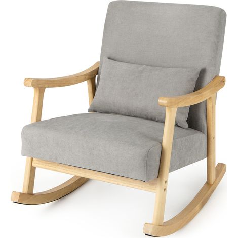 COSTWAY Wooden Rocking Accent Chair Upholstered Rocker Armchair w/ Rubber Wood Armrests Natural