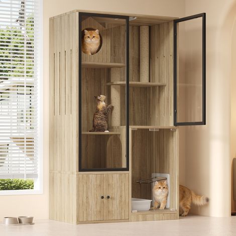 Casa para gatos (90x50x160 cm), de varios niveles, con puerta con cerradura, cristal panorámico, MDF y vidrio, natural (1/5)