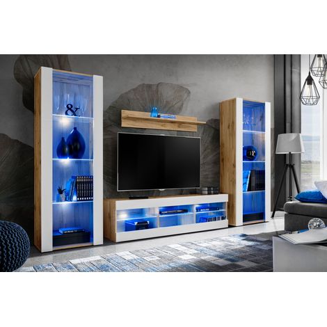 Komodee Ensemble de Meubles Tivoli Grande, Wotan/Blanc, Largeur 250cm x Hauteur 159cm x Profondeur 35cm, LED Blu, 3 étagères, pour Salon, Chambre, Entrée