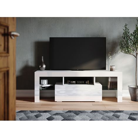 SONNI Meuble TV blanc avec porte pliante LED brillant 135x35x45cm (1/4)