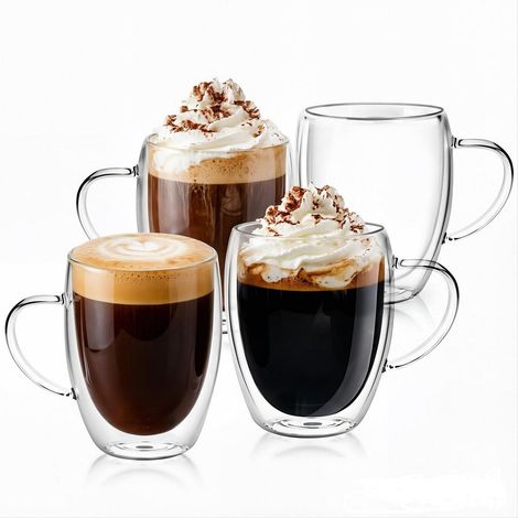 4er Set Doppelwandige Glas-Kaffeetassen 350ml mit Griff, hitzebeständig