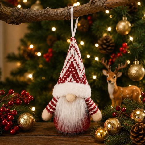 Weihnachtsschmuck, Zwergenfiguren, Rudolph, gesichtslose alte Männer als Ornamente, Weihnachtsbaumschmuck