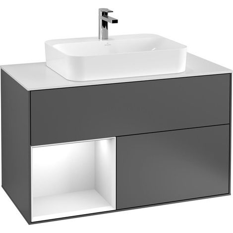 Finion, Muebles de baño, 1000 x 603 x 501 mm, Angular, con estantería (iluminada), modelo suspendido, En madera, lavabo en el medio, iluminación LED, 1x LED / 2.3W, 2700 K a 6480 K, Lacado Blanco Bril