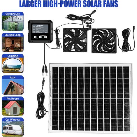 Kit de 2 ventilateurs étanches IP65 à énergie solaire pour poulailler, serre, abri de jardin, maison pour animaux domestiques, entrée ou ventilateur d'échappement (1/5)