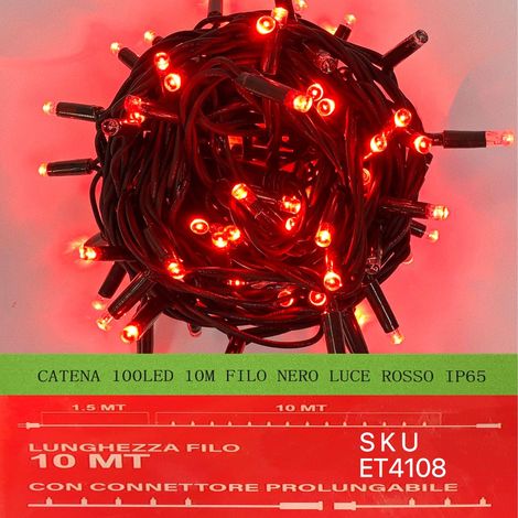 catena luminosa 100 led 10 metri filo nero luce rosso ip65 /ET4108