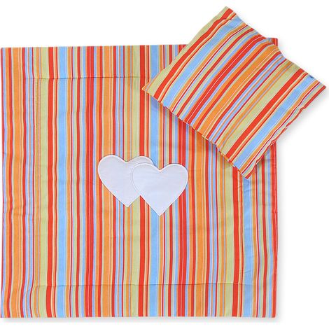 Juego de ropa de cama para cochecito con relleno, edredón y almohada - Corazones y rayas naranjas