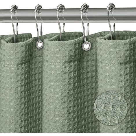 Washable shower curtain made of polyester fabric with 12 waterproof shower curtain rings for shower and bathtub, 180 x 200 cm, embossed green (1/5)